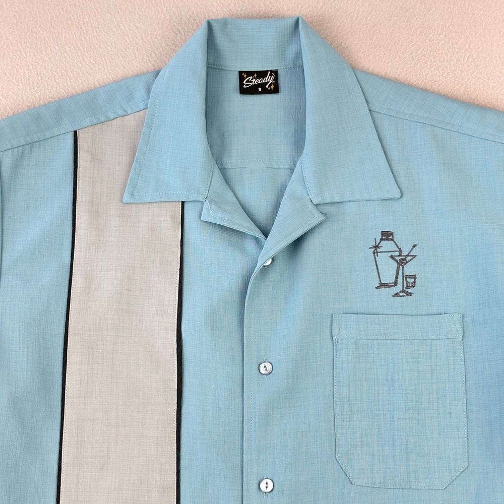 Steady Bowling Shirt Mens Small Blue Rockabilly Retro USA Cocktail Shaker Panel